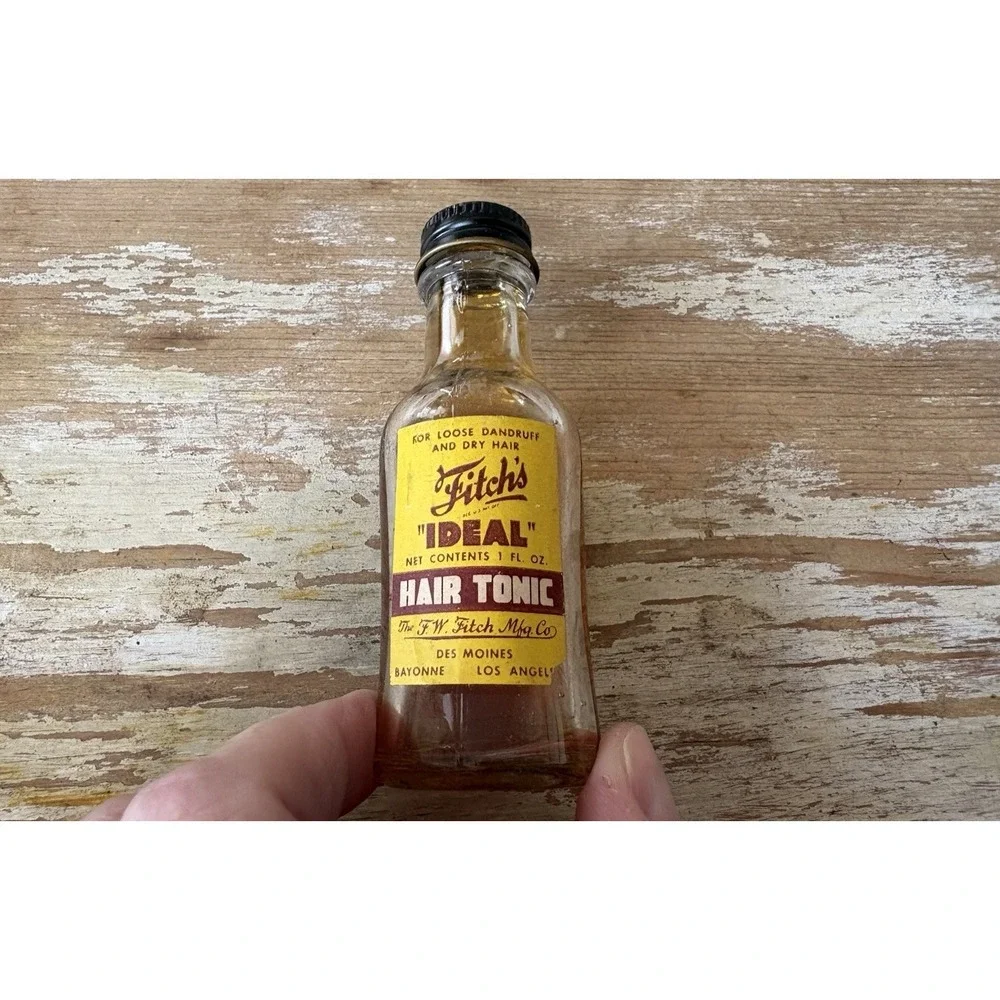 Vintage barber salon Fitch's Brilliantine & Ideal Hair Tonic glass bottles 1950s